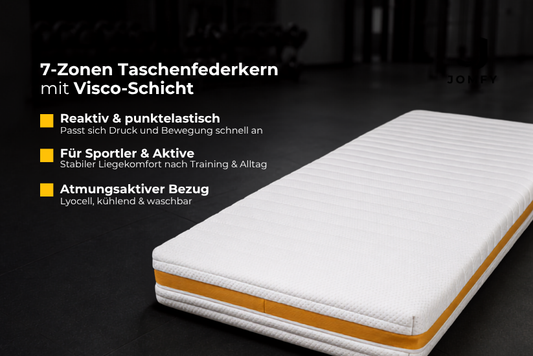 JOMFY BOOST Matratze mit 7-Zonen-Taschenfederkern und Visco-Schicht, reaktiv punktelastisch, stabil bei Positionswechseln und mit atmungsaktivem Bezug
