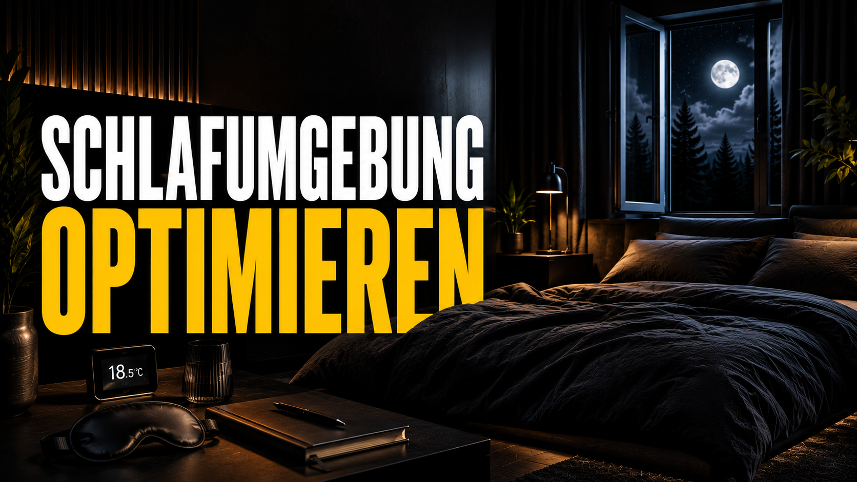 JOMFY Bloggrafik zur Schlafumgebung mit modernem Schlafzimmer, dunkler Atmosphäre, Mondlicht und Tipps für bessere Schlafqualität und Regeneration.