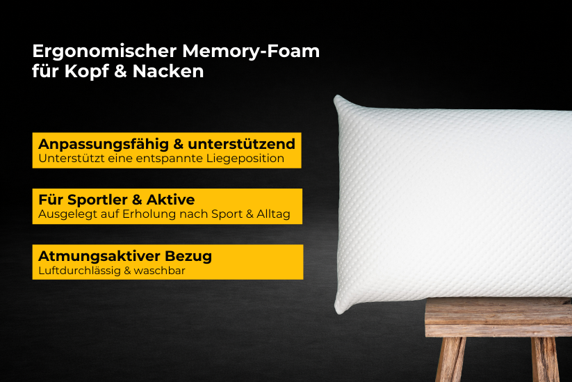 JOMFY DREAM Kissen aus Memory-Foam auf Holzstuhl mit hervorgehobenen Eigenschaften wie anpassungsfähig, atmungsaktiver Bezug und geeignet für Sportler und aktive Menschen.
