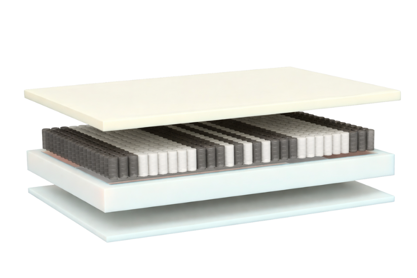 Schichtaufbau der JOMFY BOOST Matratze mit Taschenfederkern und mehreren Schaumschichten
