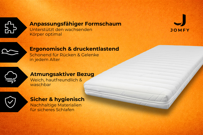 JOMFY Kindermatratze mit ergonomischem Formschaum, atmungsaktivem Bezug und hygienischen Materialien
