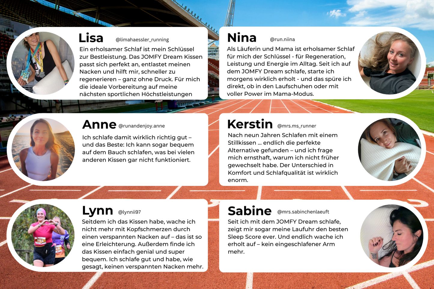 Kundenstimmen zum JOMFY Dream Kissen von Sportlerinnen und aktiven Nutzerinnen
