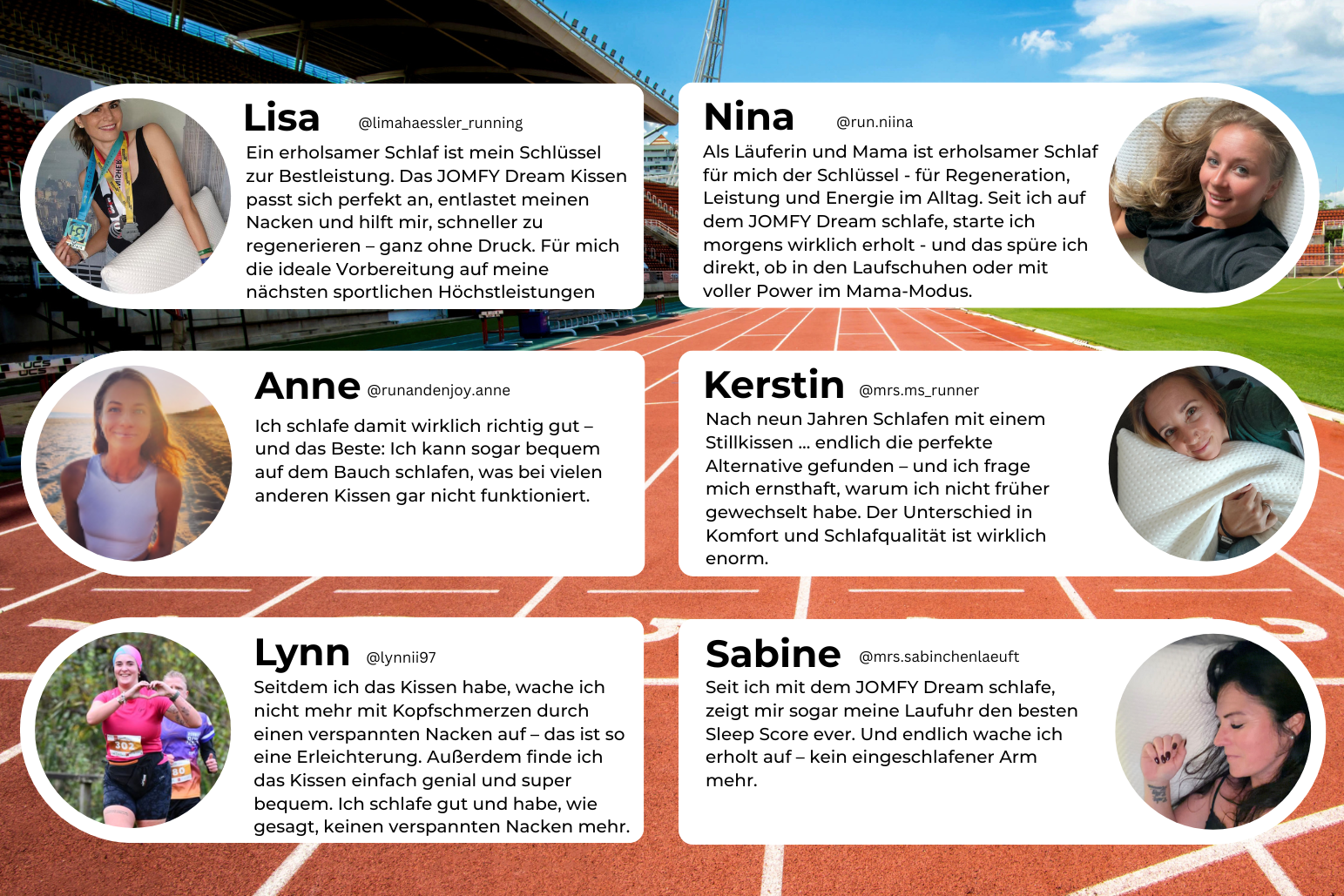 Kundenstimmen zum JOMFY Dream Kissen von Sportlerinnen und aktiven Nutzerinnen
