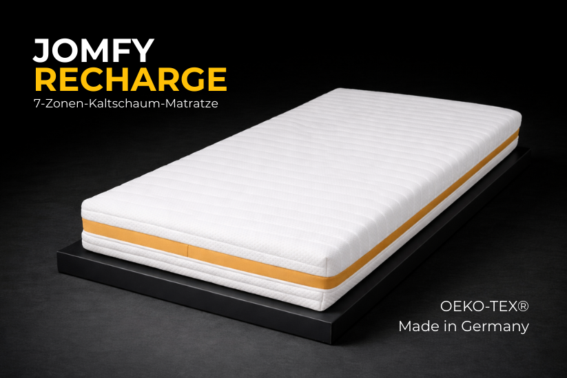 JOMFY RECHARGE 7-Zonen-Kaltschaum-Matratze auf schwarzem Sockel mit ergonomischer Unterstützung, OEKO-TEX® zertifiziert und Made in Germany