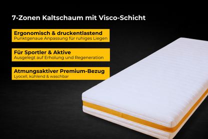 JOMFY RECHARGE Matratze mit 7-Zonen-Kaltschaum und Viscoschicht, ergonomisch und druckentlastend, mit atmungsaktivem Lyocell-Premium-Bezug für Regeneration
